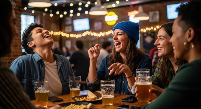 Friends Laughing at a Bar. A group of young adults laughing and talking while sitting at a wooden table in a cozy, dimly lit bar with beers and snacks