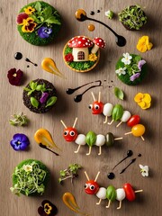 Whimsical food art featuring veggie caterpillars and floral cupcakes display