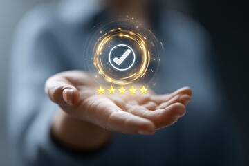 Hand presenting glowing checkmark and five star rating symbol