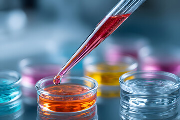 Close-up of a Pipette Transferring Liquid into Petri Dishes with Various Colorful Chemical Samples in a Lab