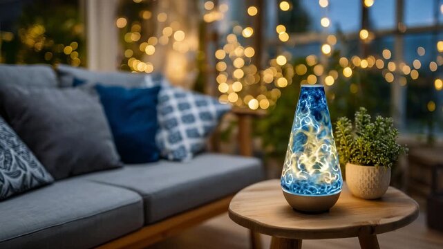 126Close-up view of a colorful lava lamp on a natural wood side table, wax bubbles glowing softly, gray fabric sofa blurred in the background, decorative pillows adding texture, warm