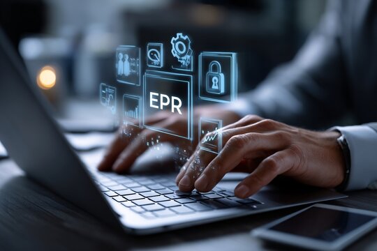 Businessman working on laptop with EPR system interface