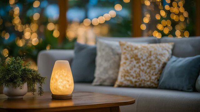 132Cozy retro-inspired living room featuring a lava lamp as the focal point, wooden table illuminated by warm light, gray sofa with layered pillows, string lights produce a soft, drea