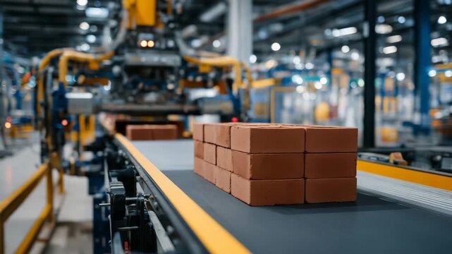 420Angled wide close-up of automated brick production line, rows of red bricks on conveyor, robotic packaging and stacking, ceramic factory machinery in soft focus