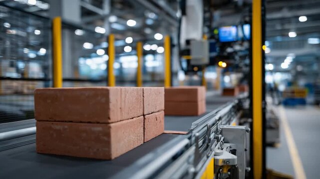 418Low-angle close-up of red bricks stacked precisely by robotic system, conveyor belt in motion, factory interior with structured automation, efficiency and industrial technology con