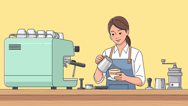 Barista preparing coffee with professional espresso machine in cafe.