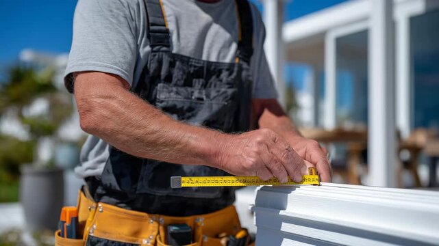 425Close-up of a workman measuring a new white PVC window frame, tape measure in hand, modern house exterior, clean uPVC installation, commercial window installation concept