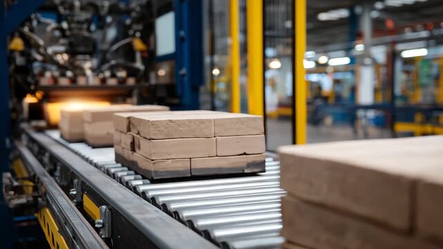422Side-profile close-up of stacked bricks on packaging line, conveyor belt moving, industrial robot placing bricks neatly, ceramic factory automated production setup