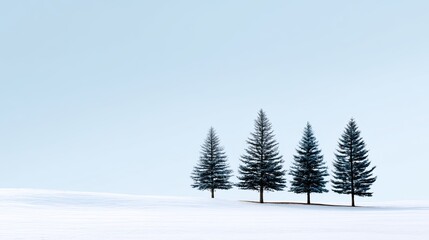 Obraz premium Serene Winter Landscape with Four Pine Trees Standing in Snow Under Clear Blue Sky, Evoking Tranquility and Peaceful Natural Beauty in Nature