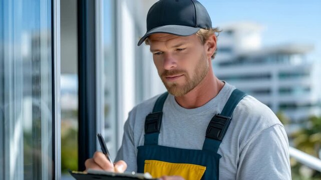 436Close-up of a workman checking alignment of PVC window, white uPVC frame and glass reflecting sunlight, modern home exterior, advertising banner style