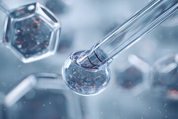 Macro View of a Glass Pipette with Liquid and Floating Molecular Structures Representing Scientific Research and Biotechnology.