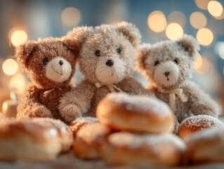 Fototapeta premium Three plush teddy bears surrounded by a variety of sweet powdered sugar doughnuts with warm festive lights softly glowing in the background creating a cozy atmospher