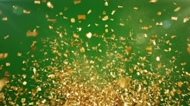 Green Screen golden bidirectional confetti explosion on chroma key scene 3 with distortion, overlay, glitch, static noise, scan lines black background, 4k animated video loop