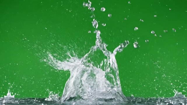 Green Screen slow motion of water spash with drops over chroma key background scene 3 distortion, overlay, glitch, static noise, scan lines on black background, 4k animated video loop