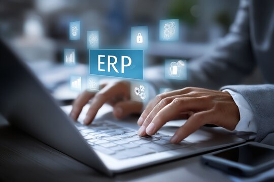 Businessperson working on ERP system with modern laptop