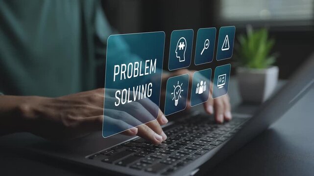 Digital problem solving with virtual icons for analysis, ideas and workflow. Business professional resolving issues, optimizing processes and improving performance using online tools.