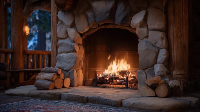 630Detailed shot of fireplace flames and stacked logs, stone structure textured with natural patterns, firelight illuminating logs and hearth, warm and inviting rustic ambiance