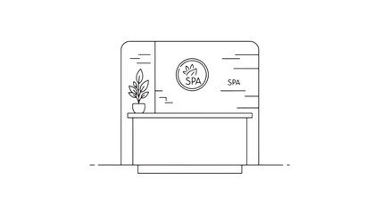 A minimalist line drawing depicts a spa reception desk with a logo and potted plant high quality