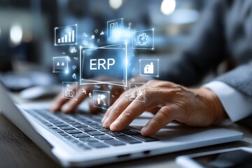 Businessman using ERP system on modern laptop in office