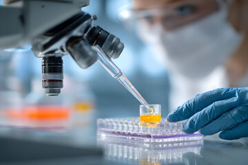 Close-up of a laboratory microscope and a pipette dispensing orange liquid into a multi-well plate for analysis.
