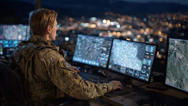 638Over-the-shoulder view of soldier monitoring multiple screens, strategic maps, live data, and tactical icons displayed, ambient lighting highlighting uniform details, focus on coor
