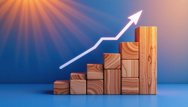 A sleek, modern digital tableau featuring a vertical arrangement of wooden cubes arranged in a staggered, ascending chart pattern