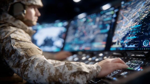 641Close-up of soldier&rsquo;s hands operating control panels, tactical operations screens glowing with maps and analytics, reflections and subtle backlighting enhancing high-tech military