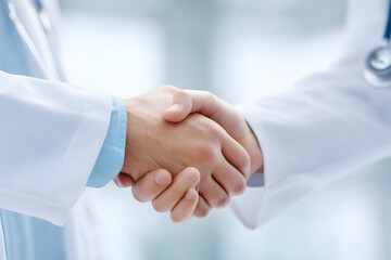 Close-up of two medical professionals in white lab coats shaking hands to seal a partnership or agreement.