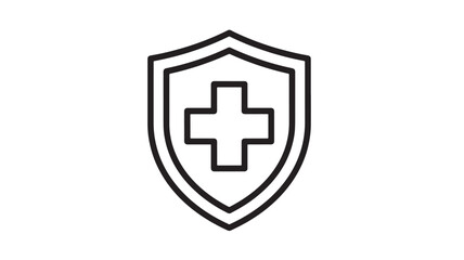 Obraz premium A simple black and white line drawing depicts a shield with a prominent white medical cross inside