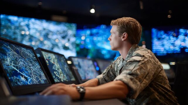 646Soldier operating touchscreen control panels in military ops room, maps and tactical schematics visible on screens, ambient blue lighting reflecting off uniform and panels, detaile