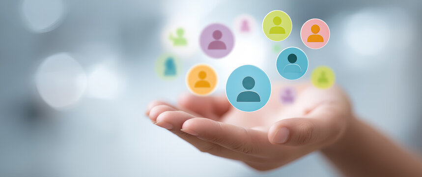 A blurred hand holds a cluster of colorful, abstract people icons in a digital style.
