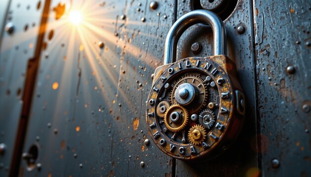 A towering, intricately crafted high security padlock, its gleaming surface adorned with plex anti pick mechanisms tiny