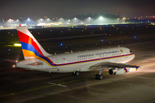 Armenia Government airplane type Airbus A319-100 ACJ registration 701 taxiing to runway at Swiss Z&uuml;rich Airport on a dark winter night. Photo taken January 22nd, 2026, Zurich, Switzerland.