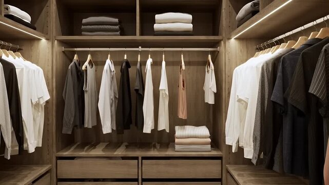 Well-organized wooden wardrobe closet featuring neatly hung shirts and folded garments on shelves