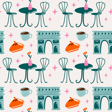 Paris aesthetic seamless vector pattern with cute cartoon retro illustration of Arc de Triomphe, romantic date in french cafe concept design
