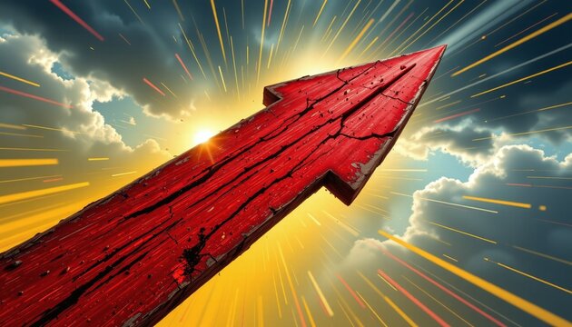 a bold, crimson wooden arrow, weathered yet manding, sharply pointing downward against a vivid