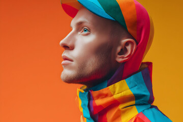 Young Man in Profile Wearing Vibrant Rainbow Patterned Raincoat and Cap Against Solid Orange Background