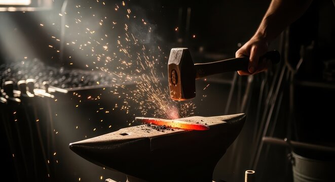 Skilled craftsperson shaping glowing hot metal with a hammer upon an anvil generates bright sparks.