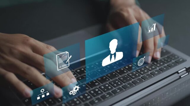 Digital HR management system with virtual icons for payroll, analytics and employee engagement. Business professional handling human resource processes via an online platform.