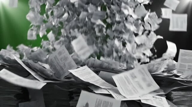 Green Screen drowned in paperwork with too much work filled white pages falling from top at the camera on black and background scene 3 distortion, overlay, glitch, static noise, scan lines background