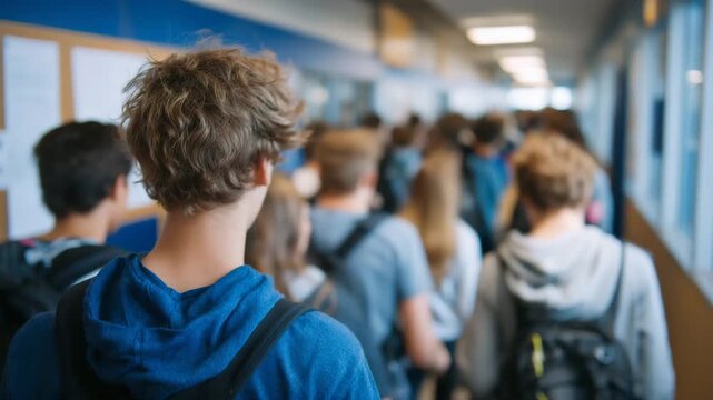 672Wide-angle view of a line of students in a school hallway, casual clothing, backpacks, lockers and bulletin boards lining walls, diverse ethnicities, natural lighting creating soft
