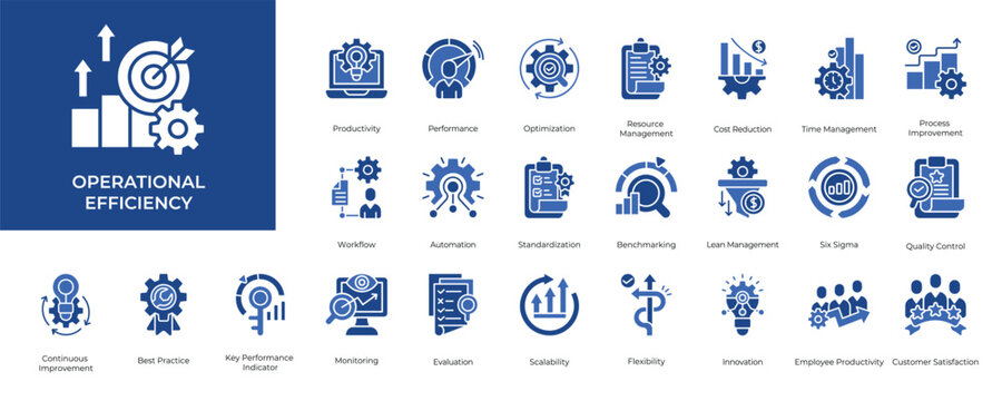 Operational Efficiency Icon set Collection in Glyph Two Color Style. Productivity, Performance, Optimization, Resource, Management, Time, Effective