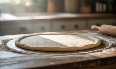 Obraz premium Sunlit dough, shaped, awaiting toppings, on a wooden counter