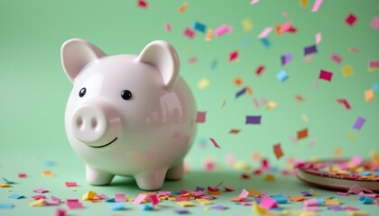 A close up view reveals a sleek, glossy white piggy bank positioned on the left side of the frame