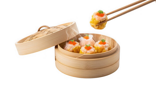 Steamed dim sum dumplings in a bamboo steamer basket with chopsticks, of transparent