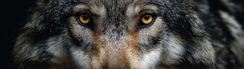 A close-up of a wolf's piercing eyes against a dark background, showcasing its intense gaze and detailed fur texture.