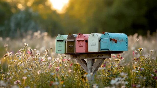 Rustic Colorful Mailboxes on Wooden Post in Wildflower Meadow with Golden Sunset Light and Green Grass