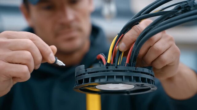 Macro shot of wire connectors and electrical cables, electrician carefully fastening them inside a ceiling junction box, black metal lamp mount in frame, high-detail electrical ins