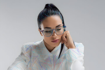 Conceptual portrait of a woman with digital network lines and data points overlaying her face and clothes