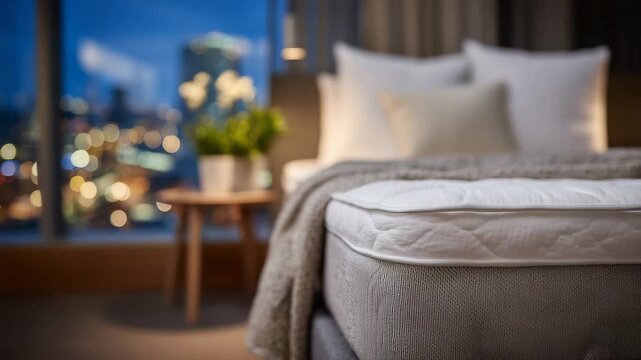 Side view close-up of mattress thickness and layered profile, memory foam core emphasized, smooth fabric seal, modern bedroom interior, durability and comfort concept